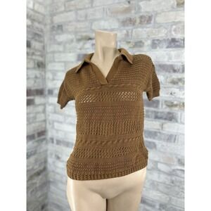 Joie Womens Ribbed V Neck Short Sleeve Pullover Knit Collared Top Brown‎ XS